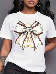Women's T-Shirt With Bow Print For Game Day - Festive Cheerleader Style Tee With Bold Ribbon Design, Perfect For Team Spirit And Celebrations - White - View 1