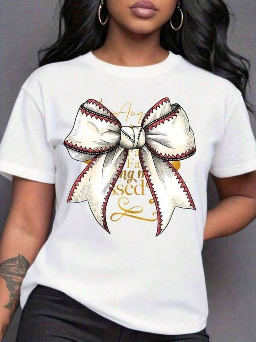 Women's T-Shirt With Bow Print For Game Day - Festive Cheerleader Style Tee With Bold Ribbon Design, Perfect For Team Spirit And Celebrations - White - View 1