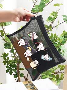 Summer Beach Mesh Bag Printed With Three Cute Teeth (Teeth Brushing Their Teeth), Multi-Functional Travel Toiletry Bag, Daily Skincare Bag, Cosmetic Storage Bag, Vacation Swimwear Storage, Dormitory Supplies. Suitable For Holidays, Bathrooms, School, Bedrooms, Hotels, Parties. Suitable Birthday Gift, Travel Souvenir, Graduation Gift, Teacher's Day Gift, Back-To-School Gift - Multicolor - View 8