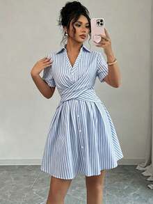 Women's Summer Shirt Dress, V-Neck, Raglan Sleeves, Crossover Waist Tie, Pink Stripes - 白色 - 查看 4
