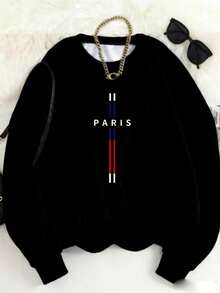 MSUCC|Women's Basic T-Shirt With Round Neck, Print, American Style, Modern And Youthful Design, Suitable For All Seasons And Everyday Wear, With Soft Fabric|Casual Sweatshirt With Paris Print And Stripes - 黑色 - 查看 1
