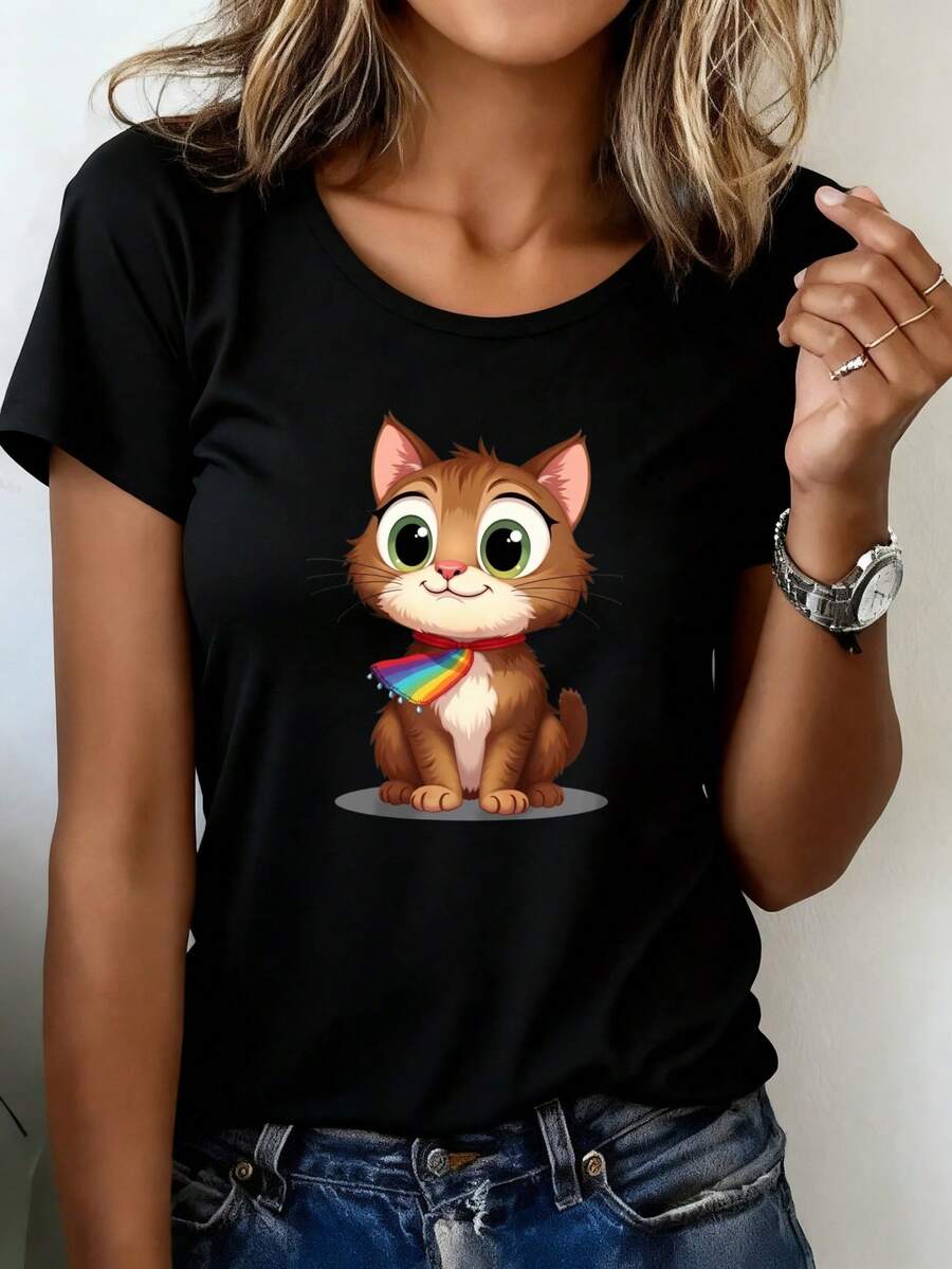 Women's Printed T-Shirt With Cartoon Cat And Scarf - Casual Black Short Sleeve Crew Neck T-Shirt, Relaxed Fit For All Seasons, Perfect For Daily Wear And Holiday Outfits (Machine Washable). - 黑色 - 查看 1