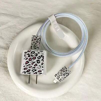 1 Set de 5 Protectores de Carga con Estampado de Leopardo Rosa y Patrón de Eslogan, Protector de Cable de Carga y Estuche de Silicona Blanco Láser para Almacenamiento de Cable, Set de 5 Piezas, Protector de Carga de TPU Transparente Compatible con Teléfonos Apple