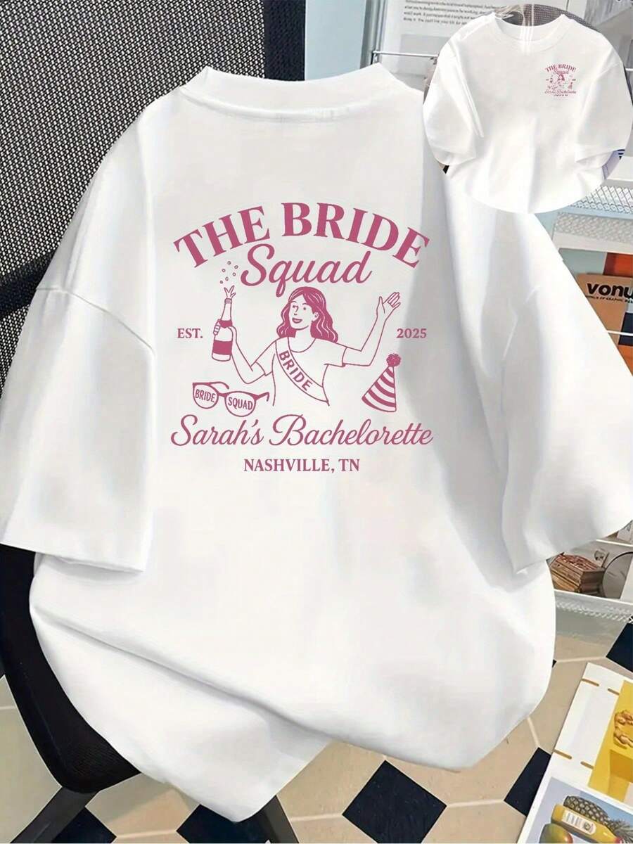 | Exquisite Design | Loose And Comfortable | Easy To Match | Casual Short Sleeve T-Shirt With Round Neck And "Bachelorette Party, Bachelorette Squad" Print - Women's Clothing For Spring And Summer - 白色 - 查看 1