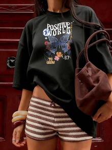 Blue Butterfly T-Shirt With "Positive World" Text, Fashionable Short-Sleeve T-Shirt For Spring/Summer 2026, Made In Mexico, 180 Grams. Cartoon Print, Couple Design, Suitable For Indoor Or Outdoor Wear. Crew Neck, Unisex, Ideal For The Office And Leisure. One-Pack. - BK-P631577SLNDXZGY627 - 查看 3