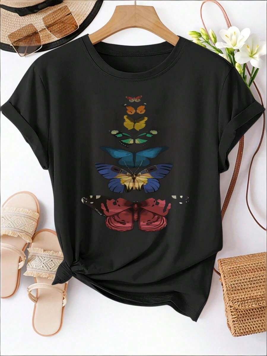 Women's Casual Sports T-Shirt - Black Knotted Round Neck T-Shirt With Colorful Butterfly Design, Elastic And Machine Washable, Comfortable Fit For All Seasons, Perfect For A Casual And Vibrant Style. - 黑色 - 查看 1