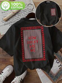 | Exquisite Design | Loose And Comfortable | Easy To Match | [Double-Sided Print] Fashionable Women's Top, Summer Clothes For Women, Simple Style, Heart Print, Stripes, Lucky Print, Round Neck, Short Sleeve, Pure Cotton T-Shirt. - 黑色 - 查看 8
