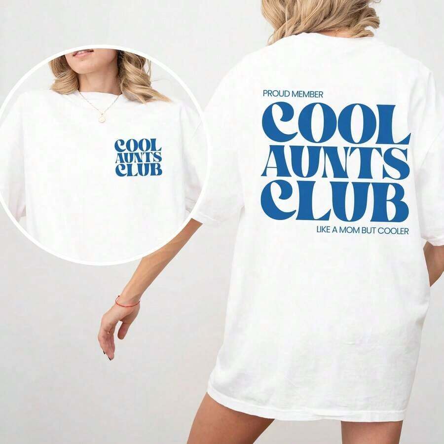 Stylish Casual Women's T-Shirt, Cool Aunts Club Reversible T-Shirt, Funny T-Shirts For Aunts, Promotional Gift For Aunt, Cool T-Shirt For Aunt, Favorite T-Shirt For Aunt, Soft Cotton Women's Clothing - 白色 - 查看 1