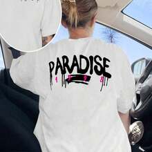 New 2026 Collection: Cotton T-Shirt With Front And Back Prints, Paradise 1989 Design, Casual Short-Sleeved Round Neck T-Shirt For Women, Comfortable Fit, Classic Design, Fashion Item, Double-Sided Print Short-Sleeved T-Shirt For Women. - 白色 - 查看 7