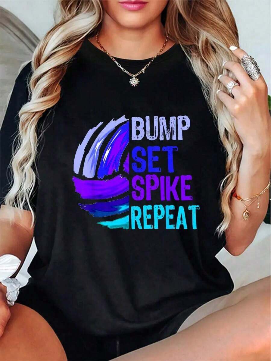 Camiseta de voleibol para niñas Bump Set Spike Repeat azul/morado, informal, de manga corta, transpirable y cómoda. - Negro - Ver 1