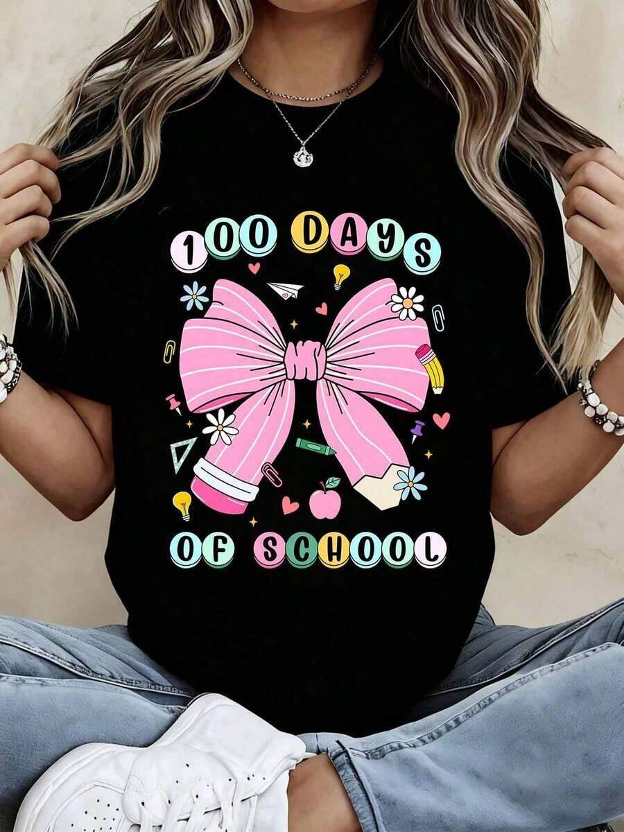 Women's T-Shirt, Girls' T-Shirt, Graphic T-Shirt With Pink Bow "100 Days Of School" For Kids And Teachers, Celebration T-Shirt With Adorable School Design, Colorful Elements And Educational Icons, Perfect For School Parties Or School Events - 黑色 - 查看 1