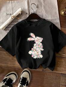 Spring And Summer Fashion Print Short Sleeve T-Shirt, Casual Short Sleeve T-Shirt, Women's Fashion Round Neck T-Shirt In Standard Sizes, Women's Clothing In Standard Sizes, Women's Clothing. - 黑色 - 查看 1