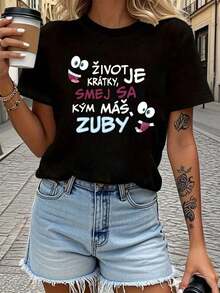 Women's T-Shirt With "Slovak Life Is Short, Laugh While You Have Teeth" Letter Print, Short Sleeve, Round Neck, Casual Top For Summer And Spring, Women's Clothing | Adorable Animal Print | Fun Letter Print | Streetwear Style | Summer Outdoor Or Everyday Wear | Daily Wear For Sweet Girls Or Students | Cool And Sweat-Free Summer Clothing - 黑色 - 查看 6
