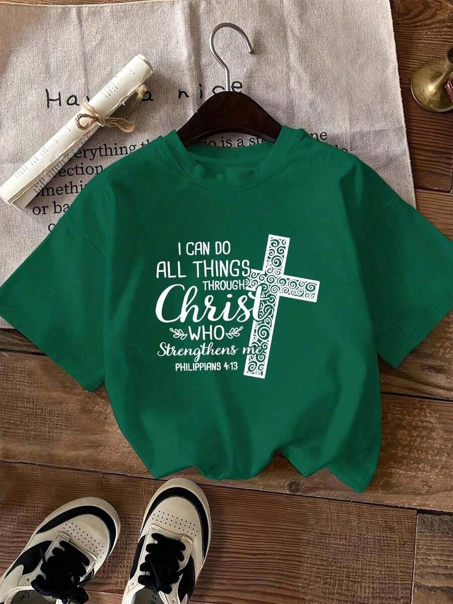 Women's Casual Spring/Summer T-Shirt Featuring The Mexican National Soccer Team, With A Crew Neck And Short Sleeves, And A Design Combining A White Cross And Bible Verses. Made From Breathable, Machine-Washable Fabric, It's Comfortable For All Seasons. The T-Shirt Has A Relaxed Fit And Is Available In Plus Sizes, Making It A Perfect Summer Staple. - 綠色 - 查看 1