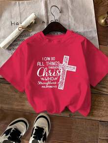 Women's Casual Spring/Summer T-Shirt Featuring The Mexican National Soccer Team, With A Crew Neck And Short Sleeves, And A Design Combining A White Cross And Bible Verses. Made From Breathable, Machine-Washable Fabric, It's Comfortable For All Seasons. The T-Shirt Has A Relaxed Fit And Is Available In Plus Sizes, Making It A Perfect Summer Staple. - 紅色 - 查看 6