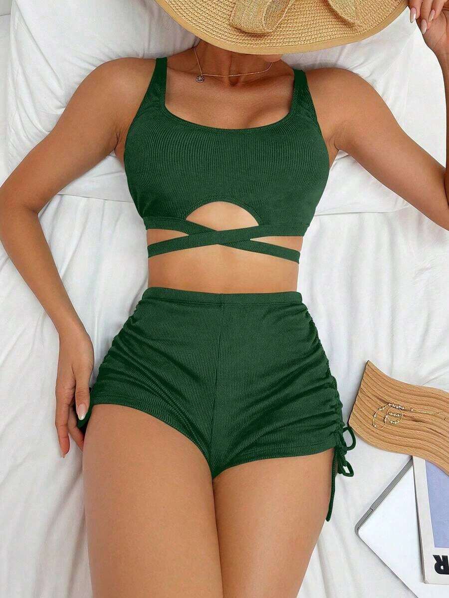 Swim Basics Conjunto de bikini sexy de un solo color con diseño de cruz para mujer, ideal para playa de verano - Verde - Ver 1