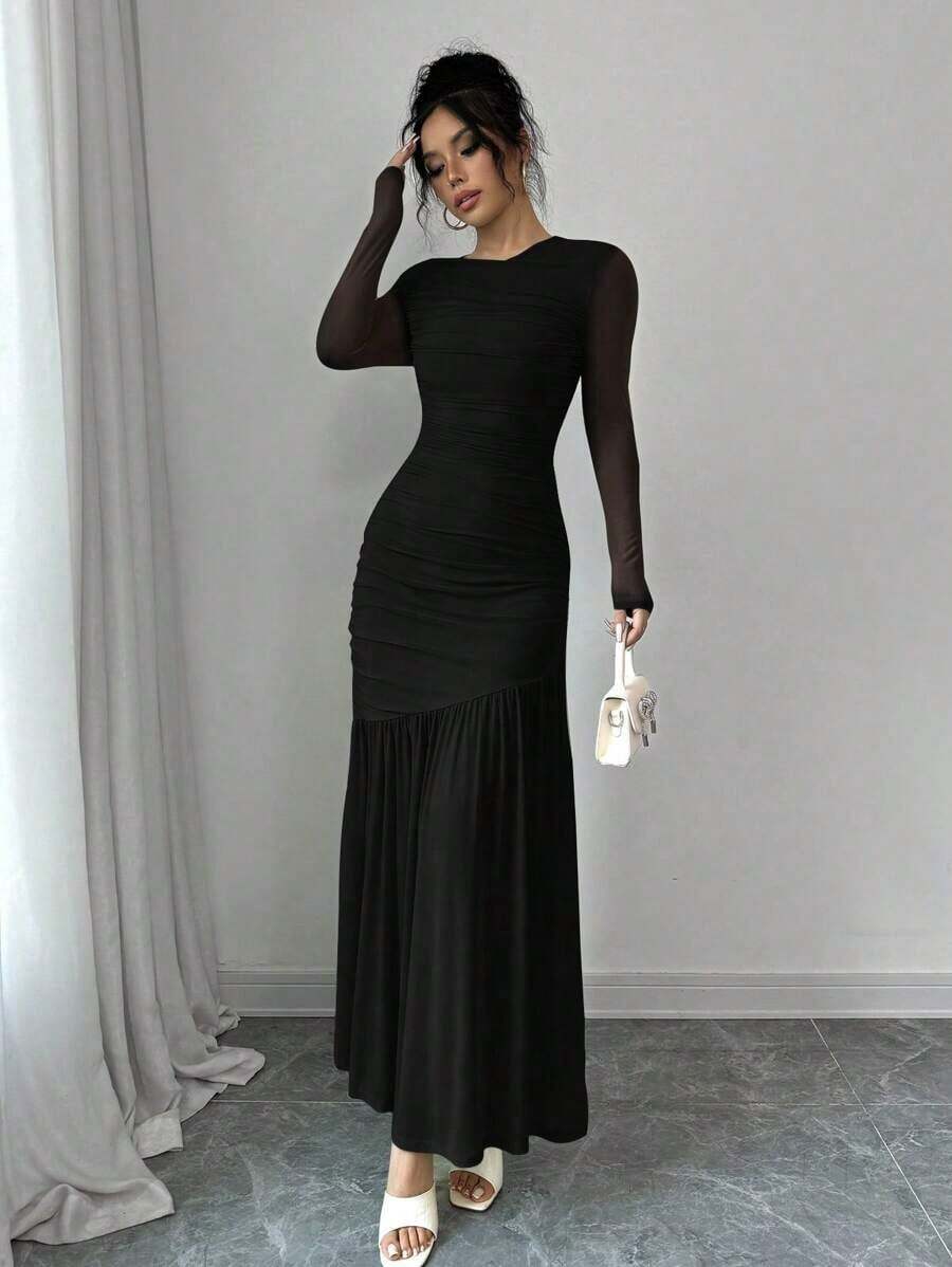 Vestido largo de manga larga con cuello redondo y malla para mujer, vestido casual de otoño.Adecuado para ropa de otoño, atuendo de regreso a clases, atuendo de maestro - Negro - Ver 1