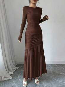 Vestido largo de manga larga con cuello redondo y malla para mujer, vestido casual de otoño.Adecuado para ropa de otoño, atuendo de regreso a clases, atuendo de maestro - Marrón Chocolate - Ver 3