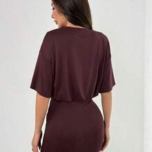PETITE Vestido camiseta con detalle de anillo de drapeado, falda ajustada, hombros cuadrados, corte holgado, estilo urbano, lindo, elegante, casual, sexy, para salir, otoño, Navidad, Acción de Gracias, elegante - Negro - Ver 3