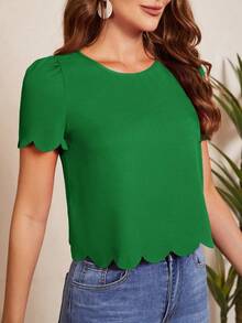 Blusa con mangas abullonadas, recorte ondulado y escote en la espalda, Blusas de manga corta - Verde - Ver 5