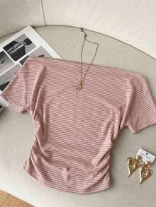 Camiseta de punto a rayas con hombros descubiertos para mujer - Rosa 2 - Ver 5