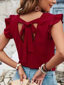 Frenchy Blusa de verano para mujer con volantes y cruce de tirantes en la espalda en color liso - Rosa Roja - Ver 3