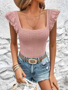 VCAY Camiseta De Mangas De Mariposa Con Cuello Cuadrado Y Bordado De Ojales, Camisa De Mujer - Rosa vieja - Ver 3