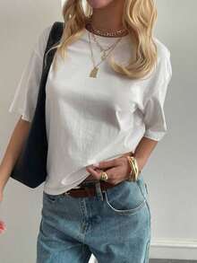 Blusa básica de manga corta, cuello redondo, corte holgado, para mujer, otoño/invierno - Blanco 2 - Ver 5