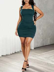 Vestido corto fruncido de un solo color para ropa de Año Nuevo - Verde - Ver 1