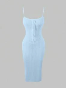 Ywenier Vintage Casual Elegant Knitted Maxi Dress, Square Neck Spaghetti Strap Front Tie Backless Tank Dress, Valentine's Day Summer Vacation Beach Cover-Up - Blue - View 5