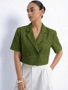Nueva chaqueta elegante y sofisticada de tela texturizada con cuello de solapa, diseño de espalda cruzada, cintura corta y mangas cortas para estilizar la figura de la mujer - Verde 2 - Ver 6