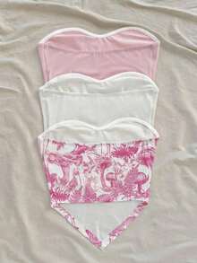 3 Piezas Camiseta corta casual con estampado de mariposa y diseño, bajo asimétrico, apta para vacaciones, playa, verano - Multicolor - Ver 2