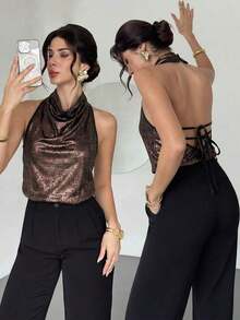 Blusa de satén dorado con cuello de tortuga y espalda de halter, elegante y casual para ir al trabajo/Look de Año Nuevo/Blusa sexy/Blusa brillante/Blusa para fiesta/Blusa de estilo "Old Money"/Blusa dorada - Marrón - Ver 1