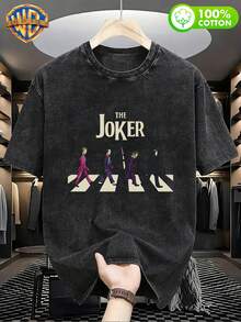 Classic Joker T-Shirt With Logo In American Style, Unisex, Vintage Street Print, Crew Neck, Short Sleeve, Washed, Casual, Comfortable, Versatile, Loose Fit, Summer, For Men, 100% Cotton, Ideal For Outdoors, Gym - 黑色 - 查看 6