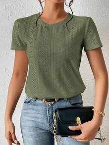 Camiseta blanca de cuello redondo con bordado de ojales, minimalista para ir a la oficina, estilo antiguo y sencillo - Verde militar - Ver 7