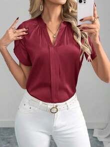 Blusa de satén de manga corta de cuello en V, unicolor elegante, para primavera/verano - Burdeos - Ver 6
