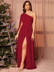 1 pieza Vestido de dama de honor con un solo hombro drapeado, elegante vestido de manga larga - Rojo - Ver 1