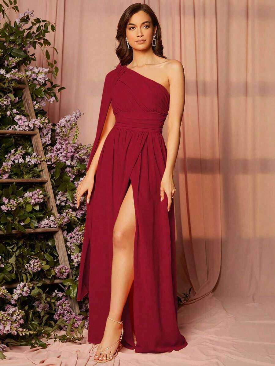 1 pieza Vestido de dama de honor con un solo hombro drapeado, elegante vestido de manga larga - Rojo - Ver 1