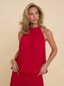 Top sin mangas plisado elegante para mujer, versátil para citas, ir al trabajo, y todas las estaciones - Rojo - Ver 5