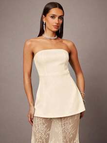 Set de 2 piezas con top corto tipo bustier negro y minifalda con dobladillo de encaje, adecuado para citas, graduaciones, conciertos, vestidos de dama de honor, bodas, ocasiones románticas, estilo minimalista, conjunto elegante para uso diario - Albaricoque - Ver 4