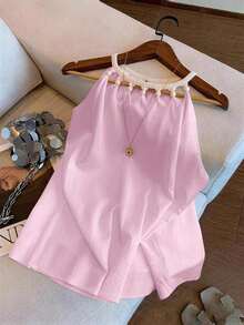 Top sin mangas con cuello de halter, adorno floral y cuentas, versátil para el verano y las vacaciones - Rosa - Ver 8