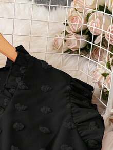 Blusa sin mangas de talla grande para vacaciones casuales con parches de puntitos suizos de mezcla de estilos y dobladillo con volantes - Negro - Ver 4