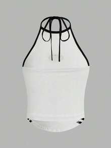 Top de tirantes casual con cuello de halter y pliegues con estampado de letras para mujer - Blanco - Ver 2