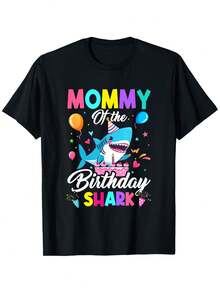 "Shark Mom" Birthday T-Shirt – A Fun Family Gift Suitable For Both Men And Women, Made From 100% Cotton, With A Black T-Shirt Design Featuring Colorful Shark Patterns. Perfect For Easter, Mother's Day, Father's Day, And Birthdays As A Gift For Parents. | Short-Sleeved T-Shirt With A Crew Neck And Bright Print - 黑色 - 查看 7