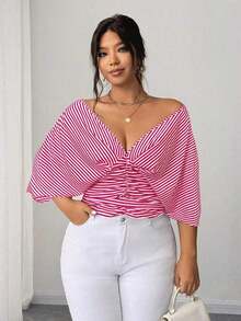 Vestido tipo camisa sin mangas a rayas azul de talla grande, cintura entallada, versátil y elegante - Rosa Fucsia - Ver 4