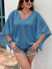 Blusa de manga de murciélago con cuello en V y textura para tallas grandes - Agua verde azul - Ver 7