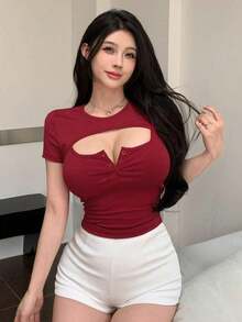 Camiseta corta de mujer de manga corta ajustada con diseño calado, para verano - Rojo - Ver 2