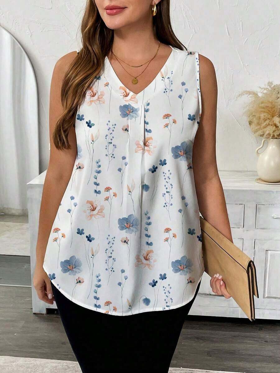 Blusa sin mangas con cuello en V y estampado floral para mujer talla grande, Camisa casual con cuello en V y estampado floral para mujer talla grande - Multicolor 6 - Ver 1