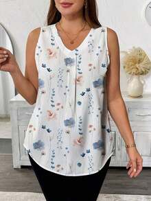 Blusa sin mangas con cuello en V y estampado floral para mujer talla grande, Camisa casual con cuello en V y estampado floral para mujer talla grande - Multicolor 6 - Ver 3