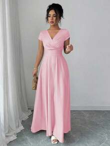 Vestido elegante y romántico para mujeres con cuello en V, mangas cortas y cintura ceñida - Rosa - Ver 4